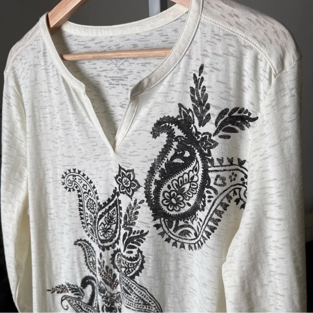 St. Johns Bay Women Blouse Size L Ivory Black Paisley Beaded 3/4 Sleeve NWT $30